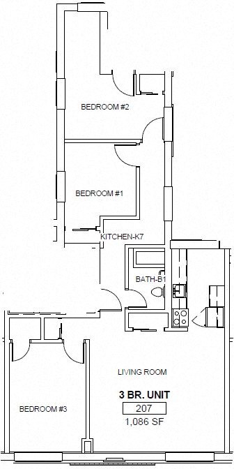 Floor plan for 3 beds, 1 bath, 1250 sqft